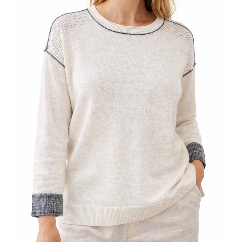 Talbots Cream Knit Sweater XL Petite Contrast Trim Lightweight Pullover Minimal